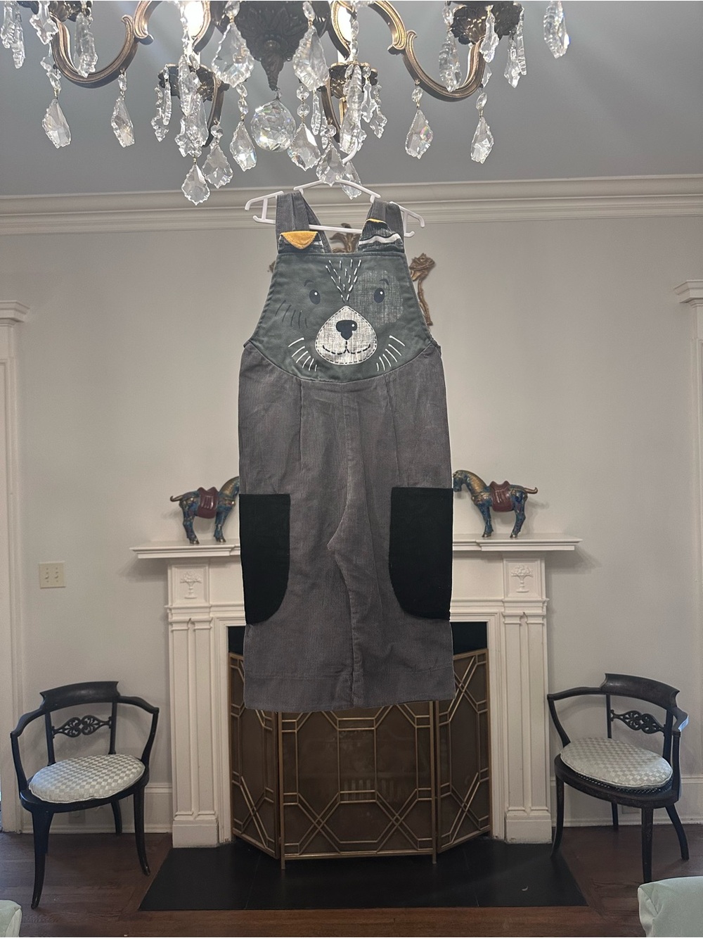 Custom Kids Gray Corduroy Animal Face Overalls, used as wolf costume, 2t